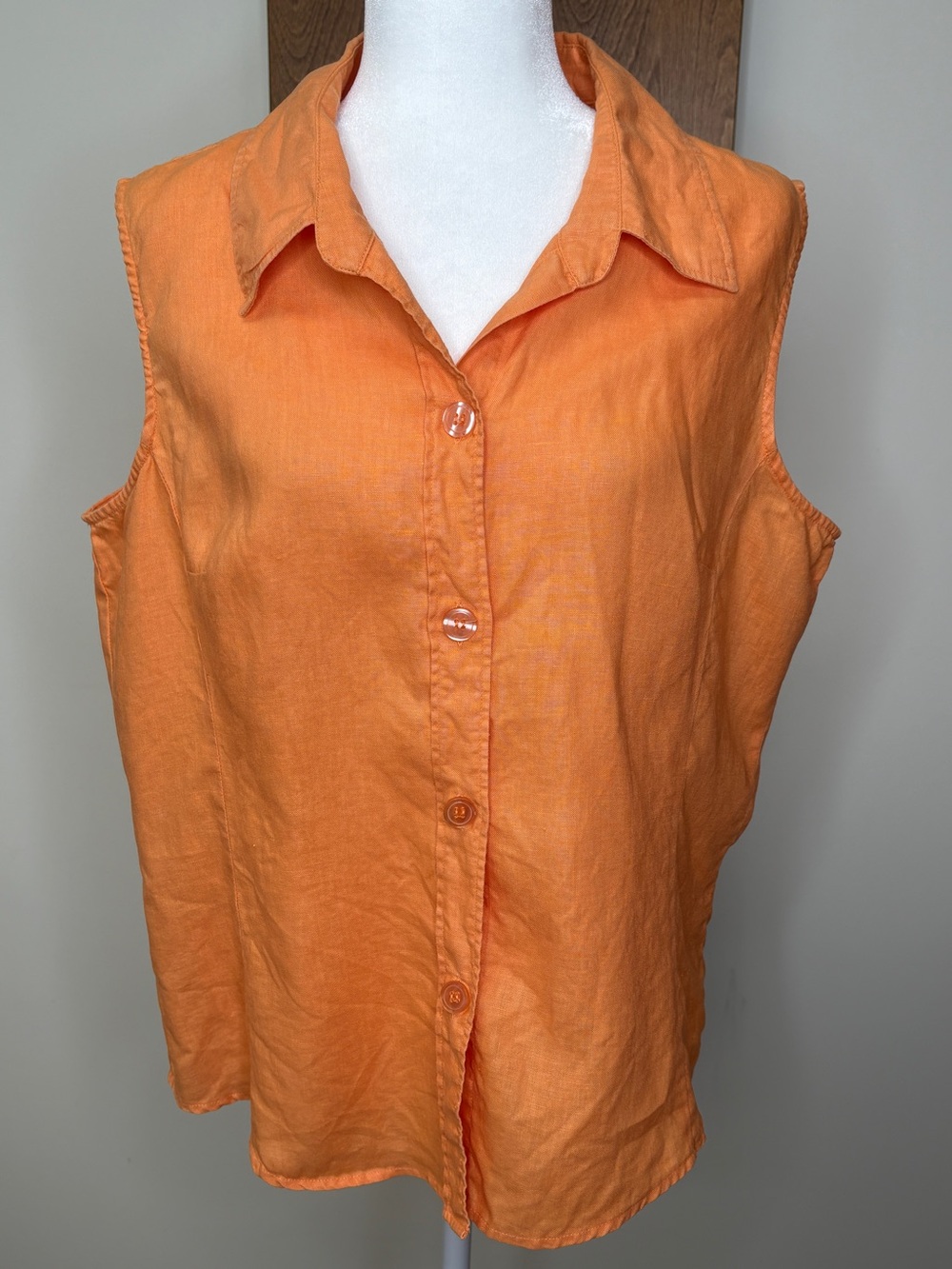 Linen Sleeveless Button-Front Top Size 16 Orange Tropical Beach Resort Vacation